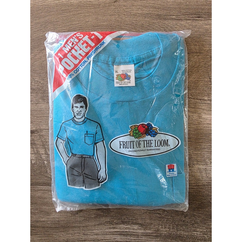 Vintage 1987 Fruit of the Loom Pocket T-Shirt Mens XL Turquoise Blue Made in USA